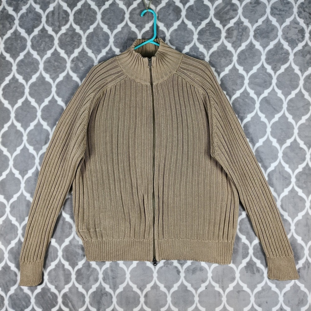 Banana‎ Republic Full Zip Sweater Men XL Tan Ribbed Mock Neck Fisherman Knit